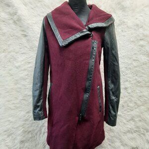Danier Women's Burgundy Wool Blend Leather Trim Full Zip Coat 3M Thinsulation XS